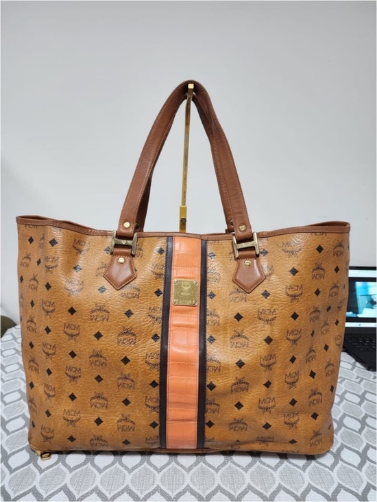 MCM Handbags - Authentic MCM Visetos Shopper Stripe XL Tote Bag Brown/Peach